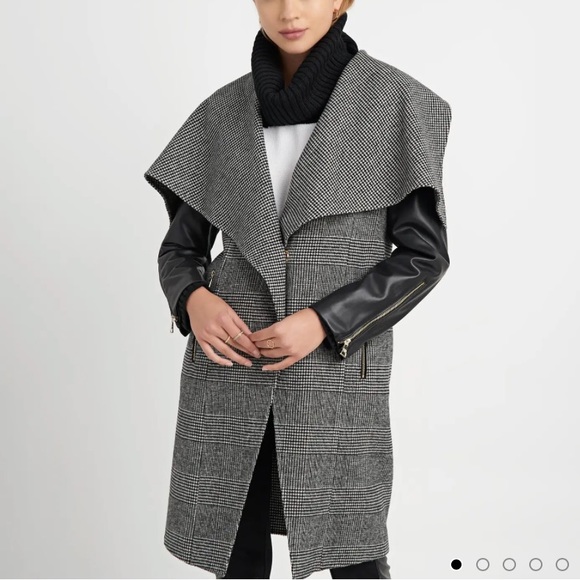 NEW KARL LAGERFELD PLAID WOOL DRAPE COLLAR FAUX LEATHER SLEEVE COAT SIZE:SMALL - Picture 4 of 16